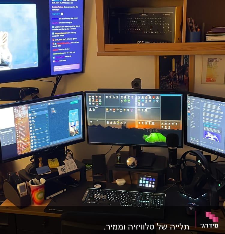 תחנת עבודה עם שלושה מסכים, מקלדת ומיקרופון